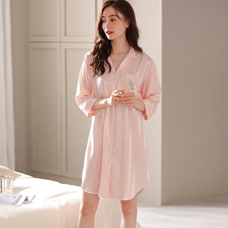 Newest Spring Silk Nightgown Women Girls Night Dress Turn-down Collar Striped Nightwear