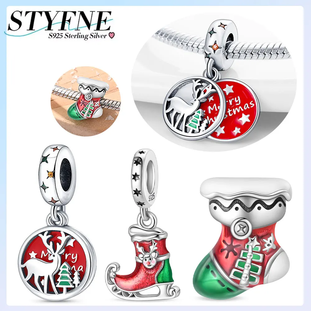 925er Silber vergoldet, Original-Charms, Weihnachtsserie, Elch, Eisstiefel, zweiteiliges Set, Perlen, passend für Armbänder, Damenschmuck, Geschenk