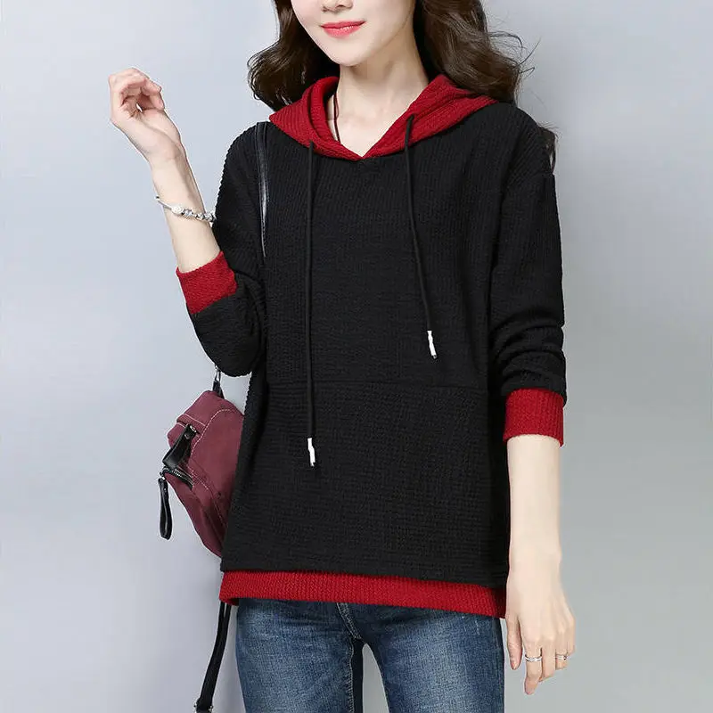 2023 Spring Autumn New Hooded Long Sleeve Drawstring Sweater Women Fashion Contrast Color Loose Casual All-match Pullovers