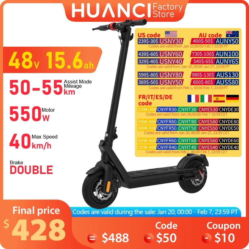 

HUANCI X9 Adult Electric Scooter 15.6AH 550W 48V 40KM/H Foldable Electric Kick Scooter 10 Inch E Scooter Electric Skateboard