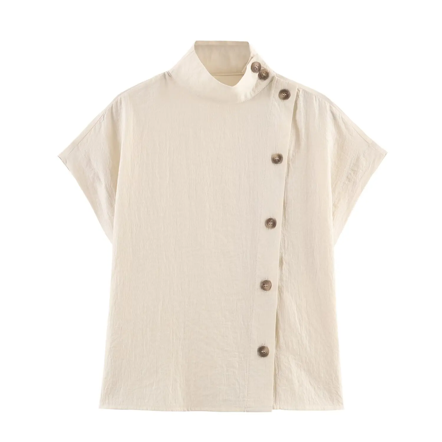 

New women's contrasting color shirt, European and American fashion stand up collar short sleeved single breasted shirt