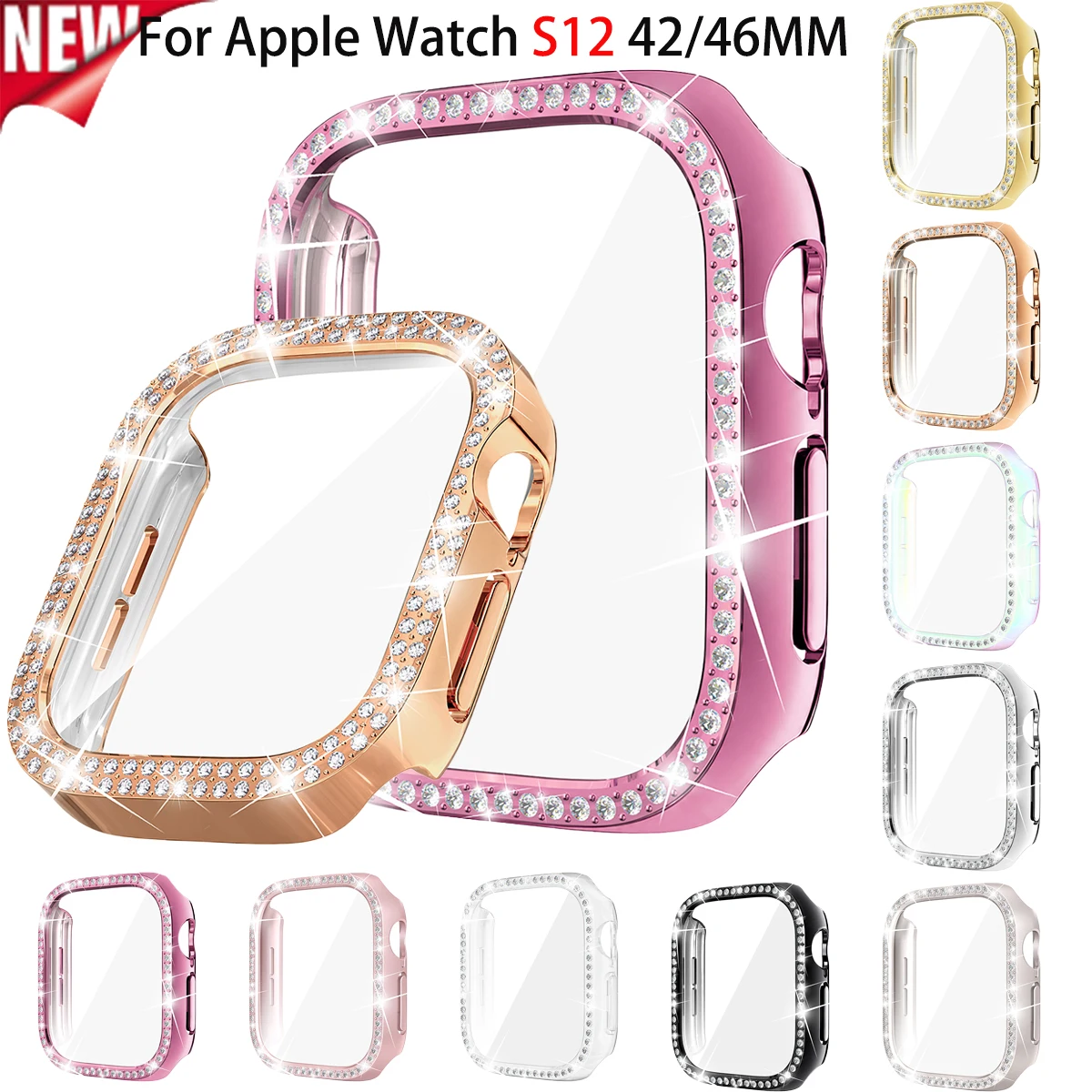 Diamond Case + Tempered Glass for Apple Watch Series 12 42/46mm Woman Shiny Cover for Iwatch S12 46mm 42mm Anti-scratch Bumper