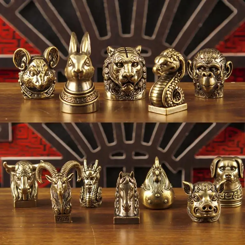 1Pcs Brass Chinese Zodiac Animal Head Statues Exquisite Carvings Vintage Finish For Home Decor Desk Display Collection Gifts