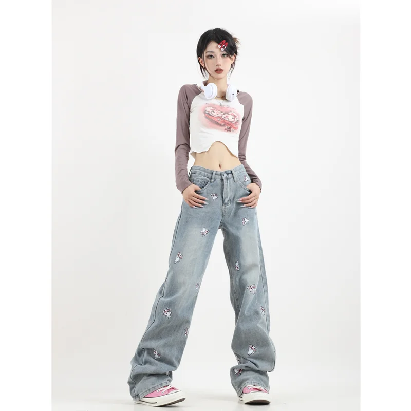 

2023 Vintage Light Blue Baggy Jeans Women High Waist Cartoon Embroidered Wide Leg PantsFemale Loose Street Denim Straight Jeans