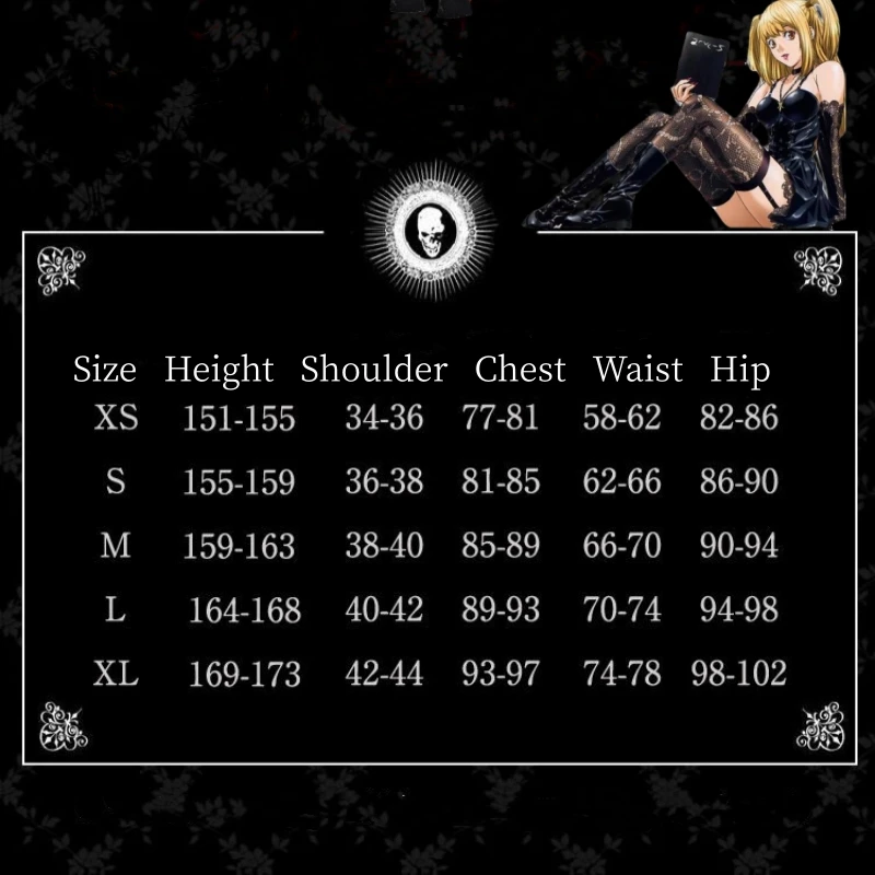 Misa-Death Note Cosplay para Mulheres, Roupas Anime, Vestido Sexy, Peruca Preta, Meias de Renda, Uniforme Halloween, Colar Cruz, Roupa