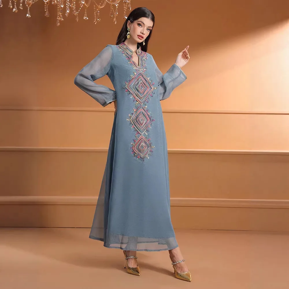 Vestido Feminino do Oriente Médio, Robe Muçulmano Bordado, Vestidos Longos de Dubai, Kaftan Árabe, Roupa Islâmica Jalabiya para o Ramadã e Eid