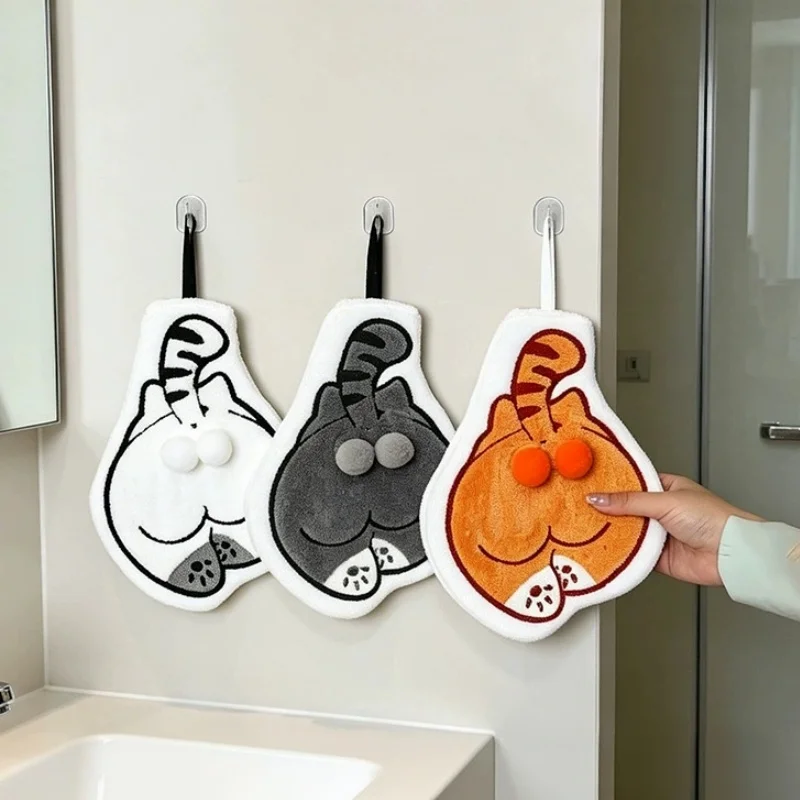 Cute Pet Butt Hand Towel Cat Dog Shape Coral Velvet Towel Thickened Absorbent Hanging Soft Handkerchief for Bathroom Kitchen