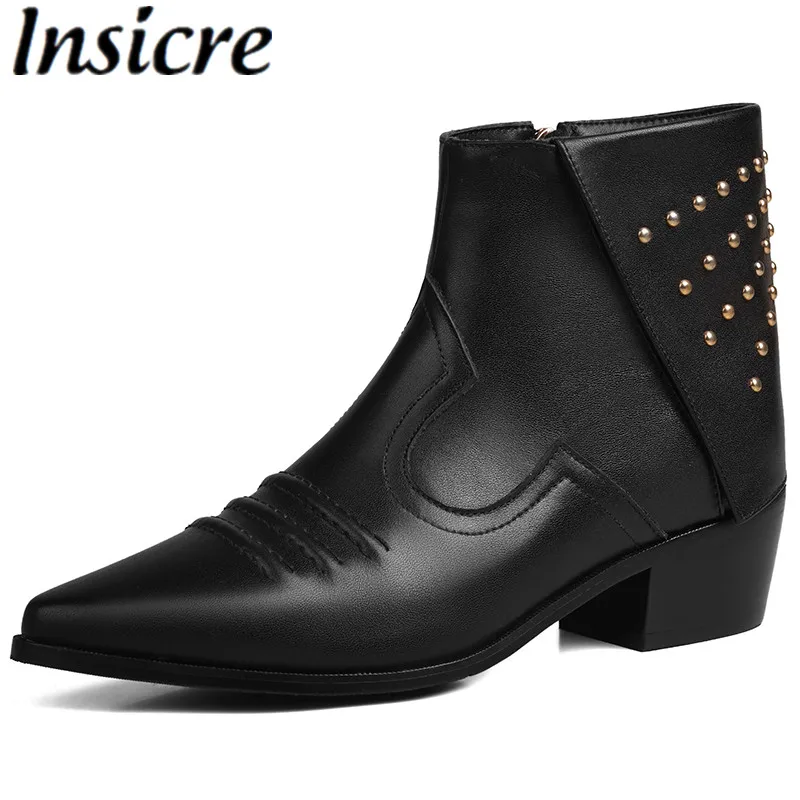 

Insicre Handmade Top Quality 2024 Ankle Boots Pointed Toe Zipper Cow Leather Thick Mid Heels Winter Shoes Rivets