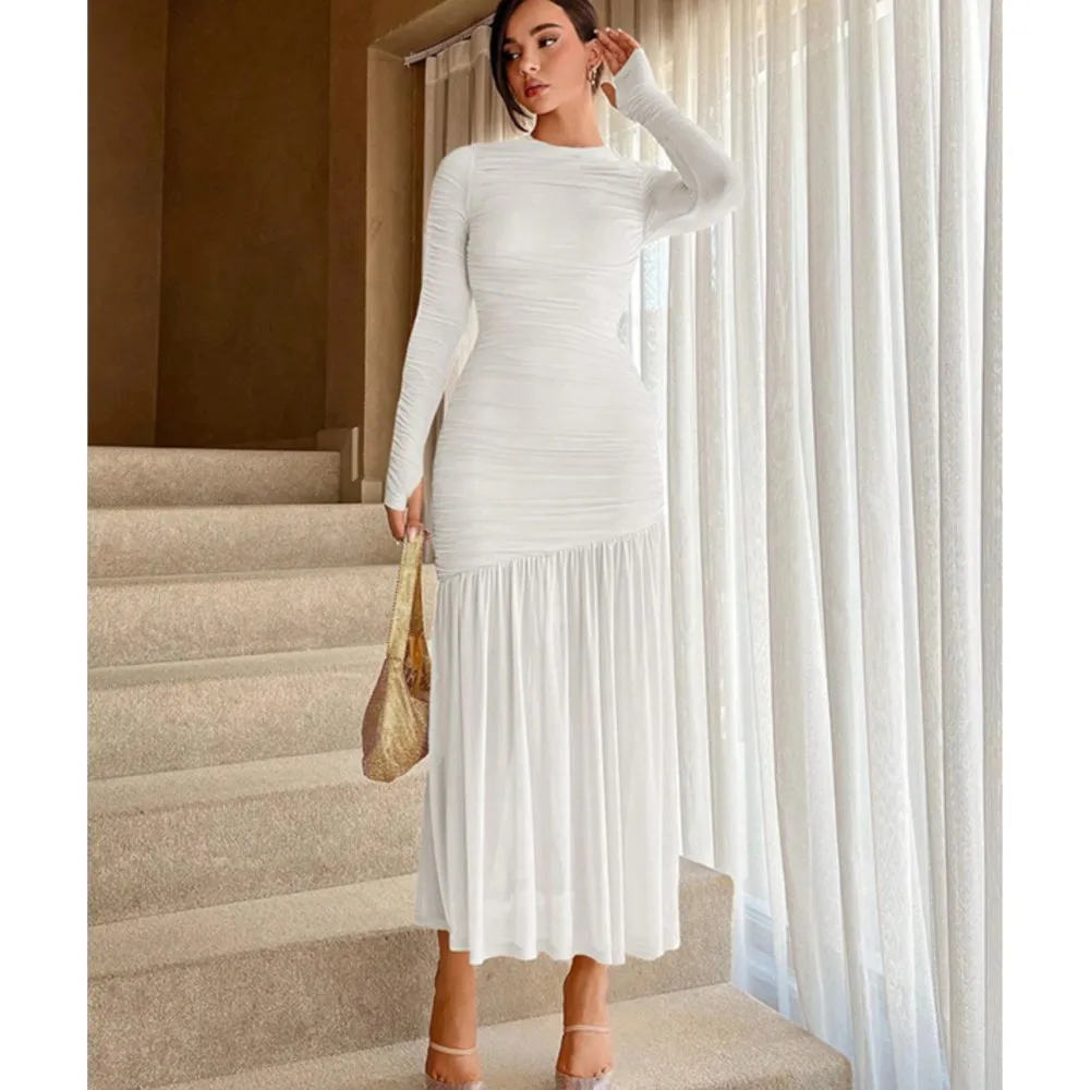 

Женское элегантное облегающее платье с длинными рукавами, облегающее бедра, осеннее модное плиссированное кружевное женское длинное вечернее платье 2025