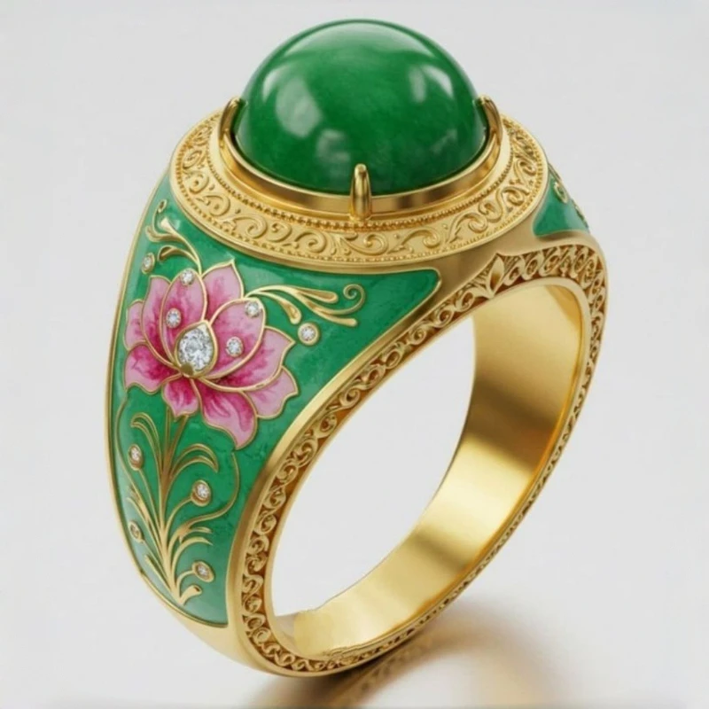 Ethnischer Stil Imitation Emaille Blumen Synthetischer Smaragd Ring für Frauen Vintage Elegant Festival Urlaub Feiner Schmuck Accessoires