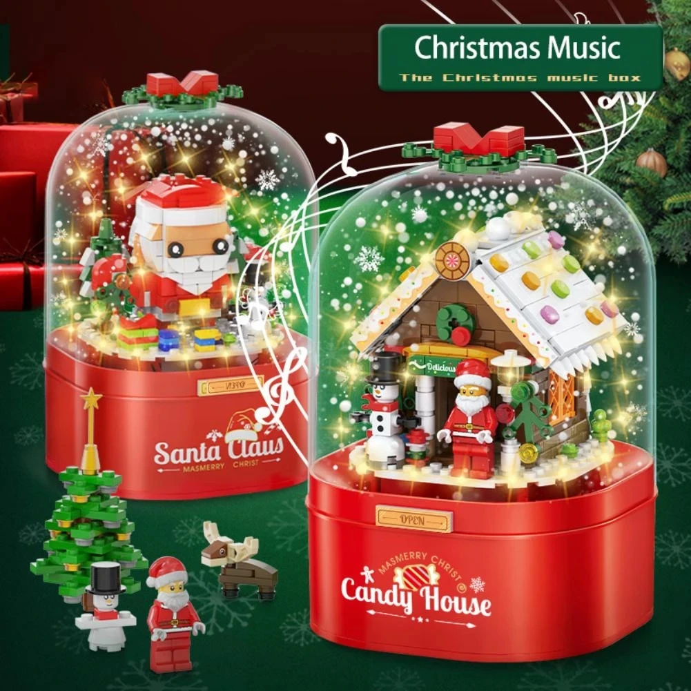 Modello fai da te natale Building Block Toy Set Christmas Music Box Toy Music Sounding nevicata babbo natale pupazzo di neve Candy House Gift