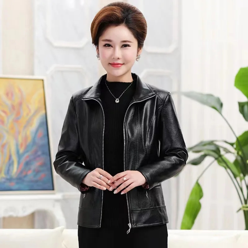 New Coat Women 2024Spring Autumn New Korean Outwear Slim Middle-Aged Elderly Leather Jacket PU Leather Coats Female Overcoat Top