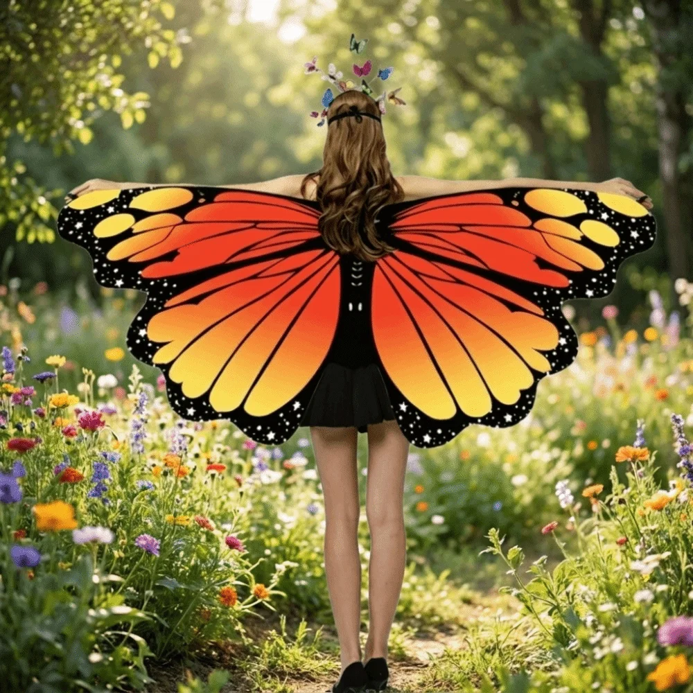 Lightweight Butterfly Wings Shawl Colorful Rainbow Gradient Fairy Wing Cape Soft Fabric Back Decoration