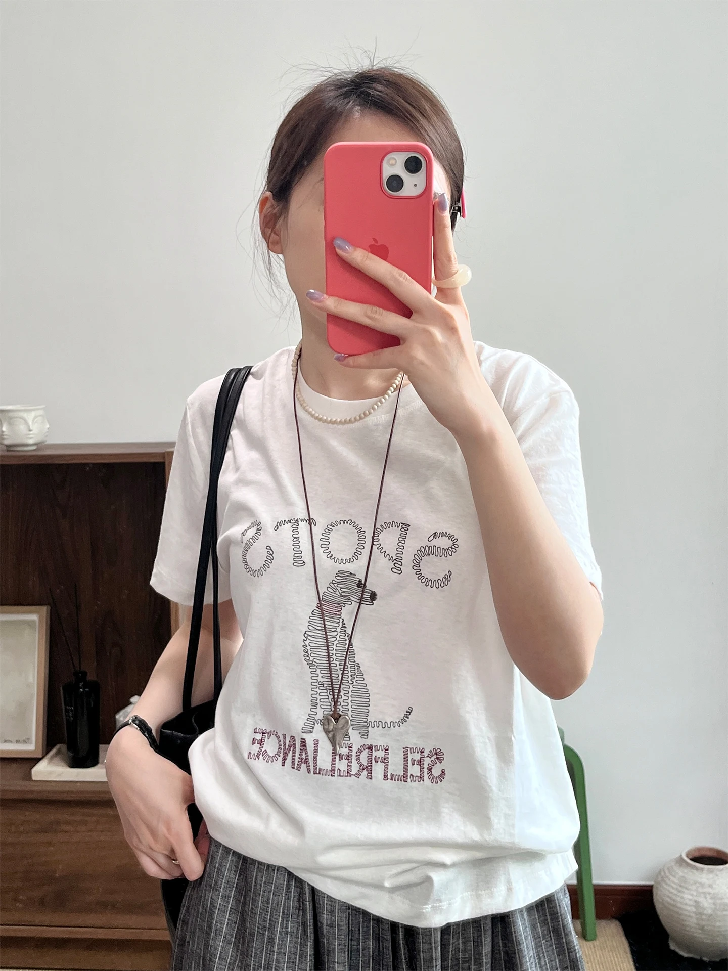 Camiseta de Verano para Mujer Wini con Bordado de Perro a Color, Holgada, Minimalista, de Manga Corta, Casual, de Mezcla de Algodón y Lino, Cuello Redondo