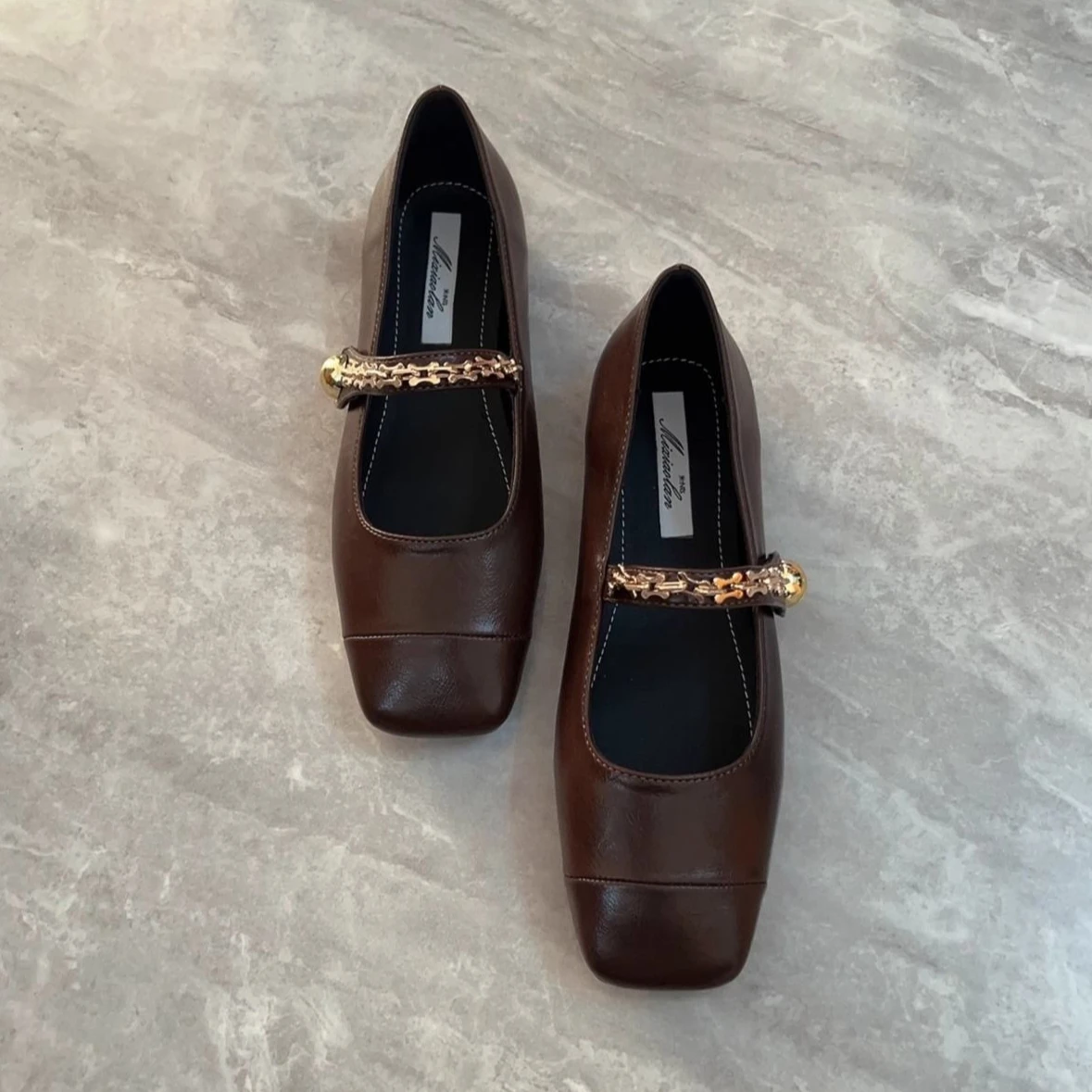2026 New Women's Square Toe Mary Jane Flats French Style T-Strap Buckle Pump Black Leather Casual Dress Shoes view 2