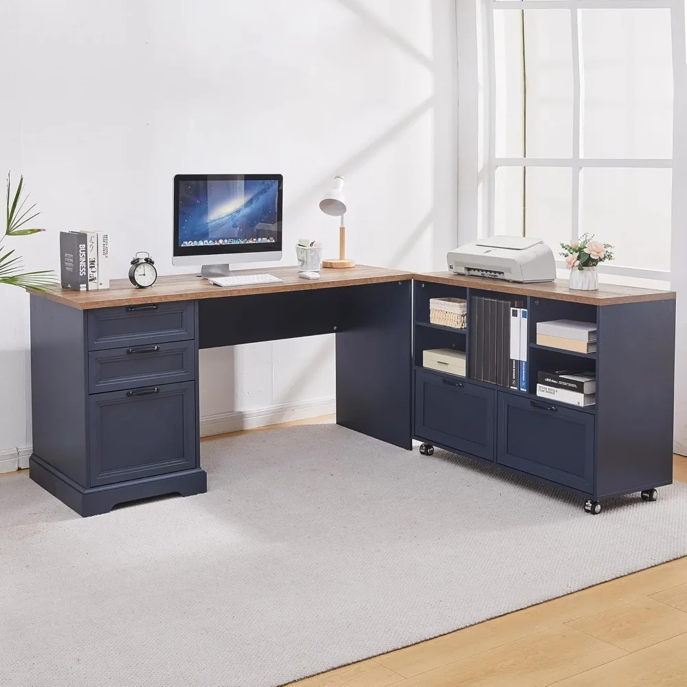 

"60 Inch L-Shaped Executive Desk with 40 Inch Adjustable File Cabinet for Farmhouse Style Home Office Including Charging Station