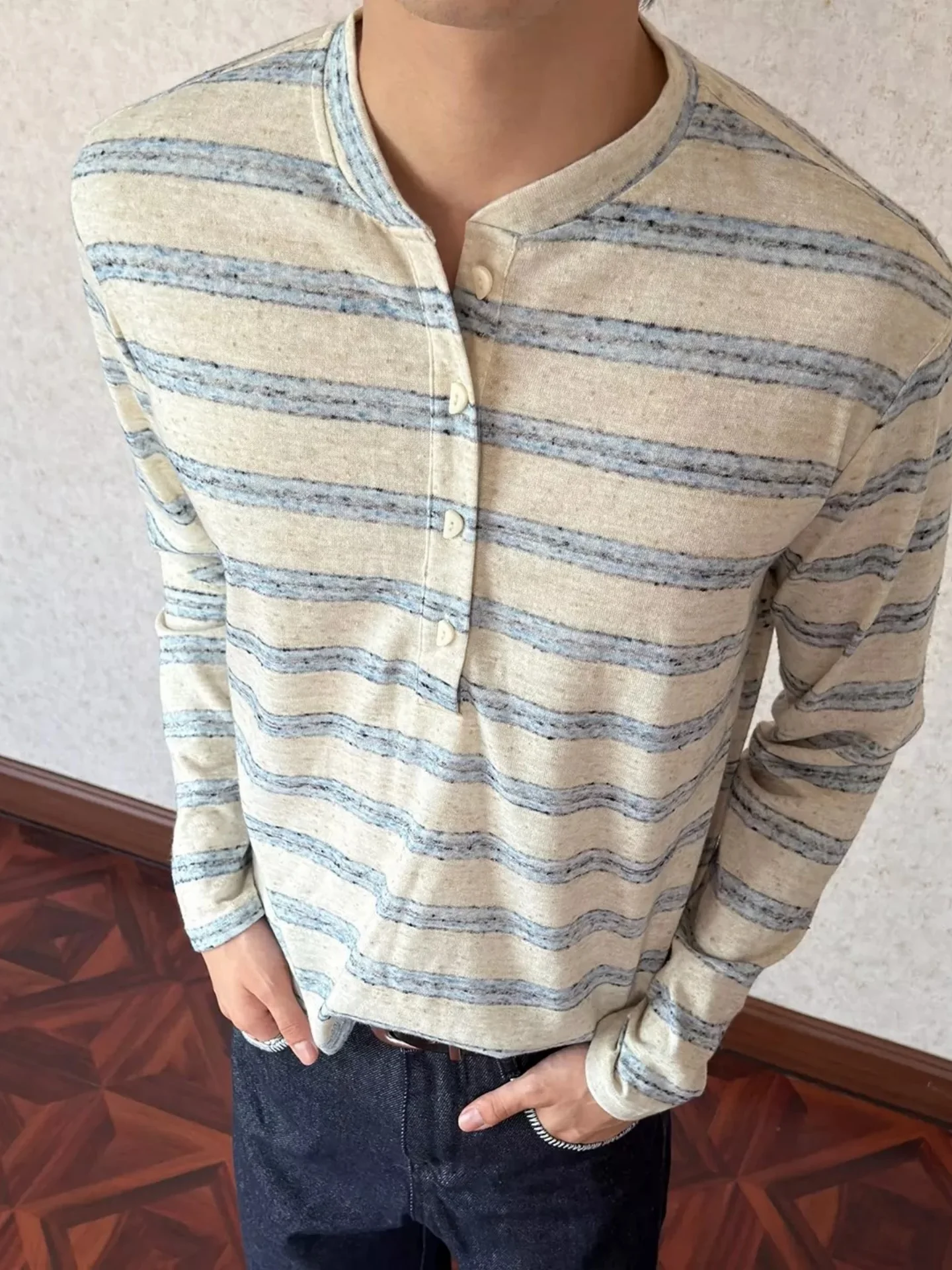Button-Up Long Sleeve Striped Base Shirt Men's Vintage Retro Color Block Henley Neck T-Shirt Cover up for Autumn Season