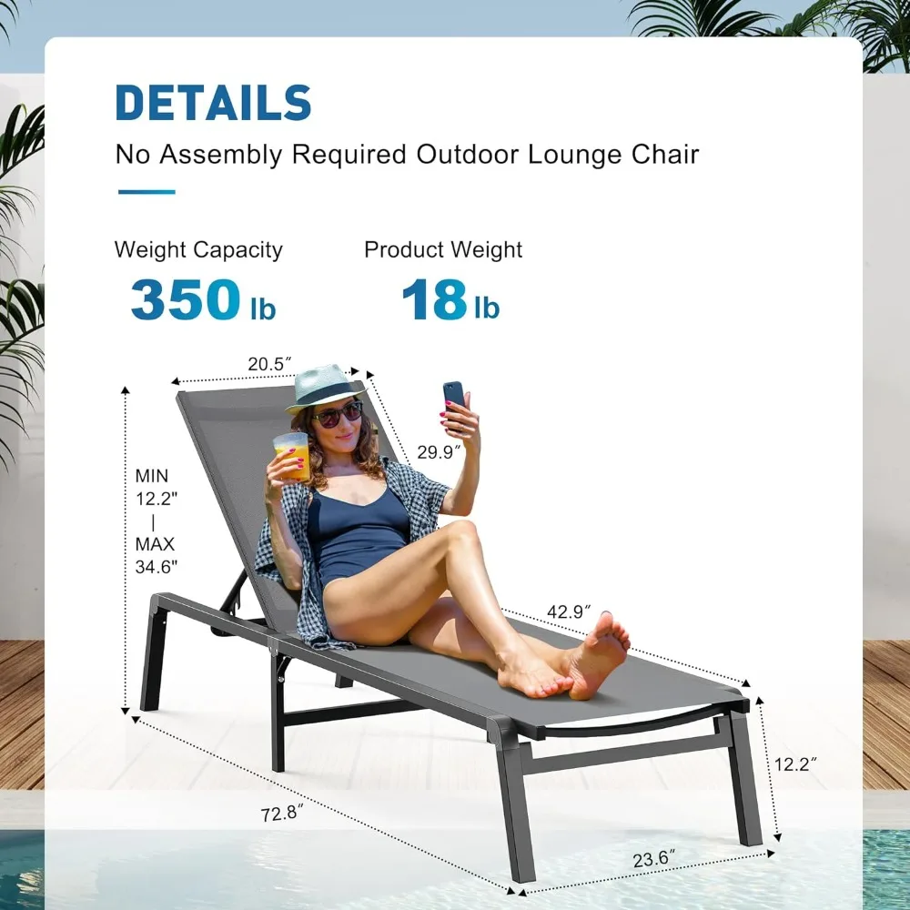 Outdoor Lounge Chair, Foldable & Assemble-Free Tanning Chaise Lounge with 0-60° Adjustable Backrest