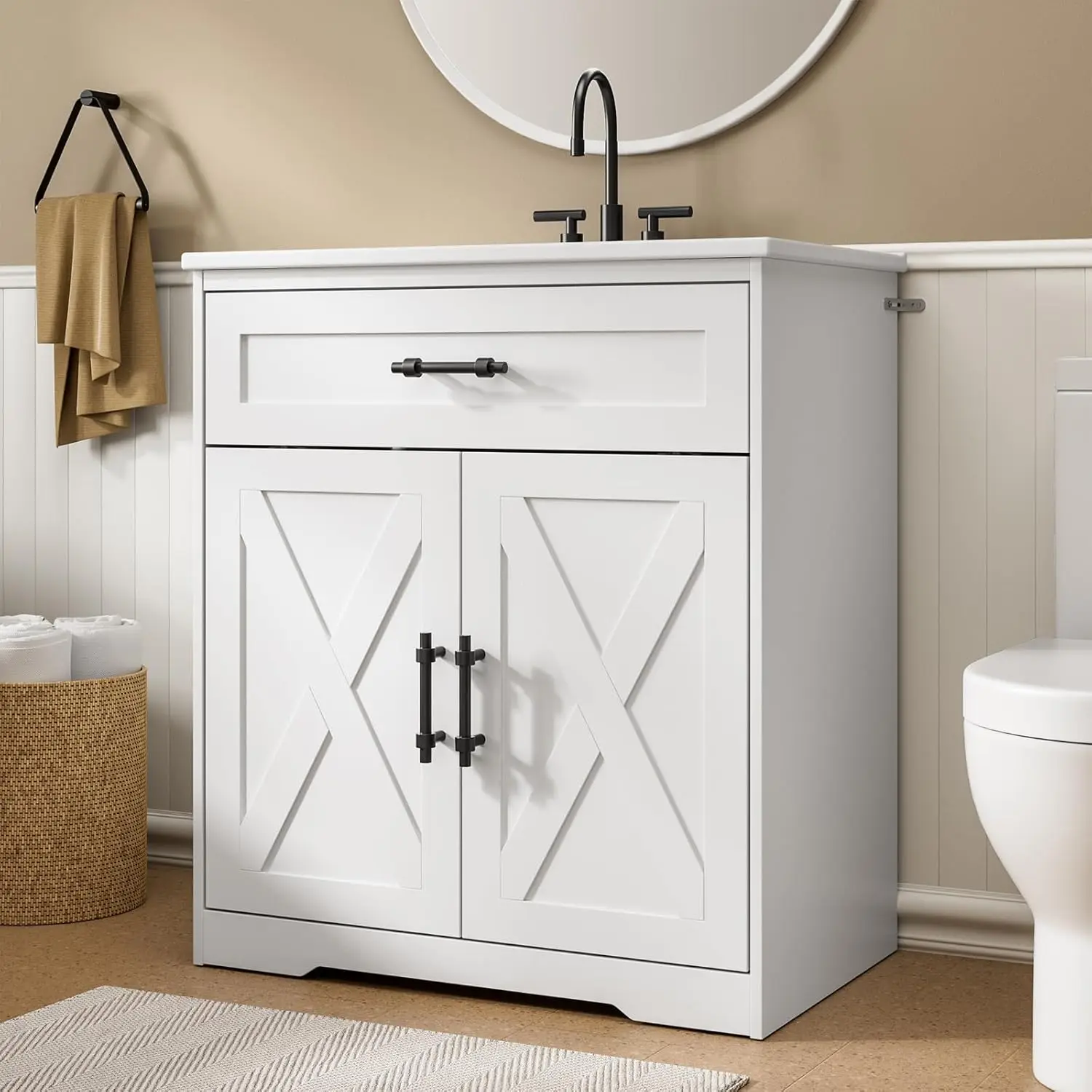 

30″ Bathroom Vanity, Farmhouse Undermount Vanity Sink Cabinet with 2 Doors and 1 Drawer, Free Standing Bathroom Cabinet