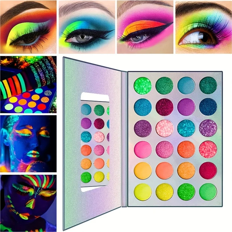 24 Colorful Eyeshadow Palette Neon Glow in Bright Makeup 24 Color Pigmented Eye Shadow Pallet Matte Shimmer Glitter Eye Cosmetic