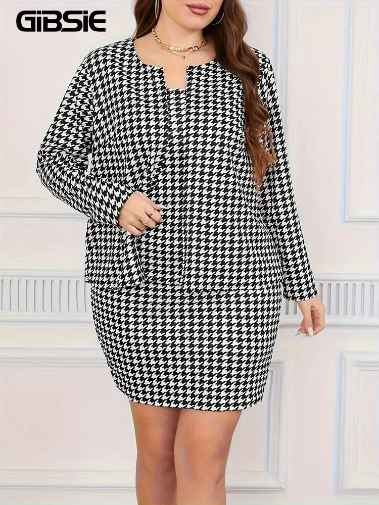 GIBSIE Plus Size Houndstooth Print Two Piece Set Women Autumn Long Sleeve Open Front Coat And Cami Dress Suits bez paska