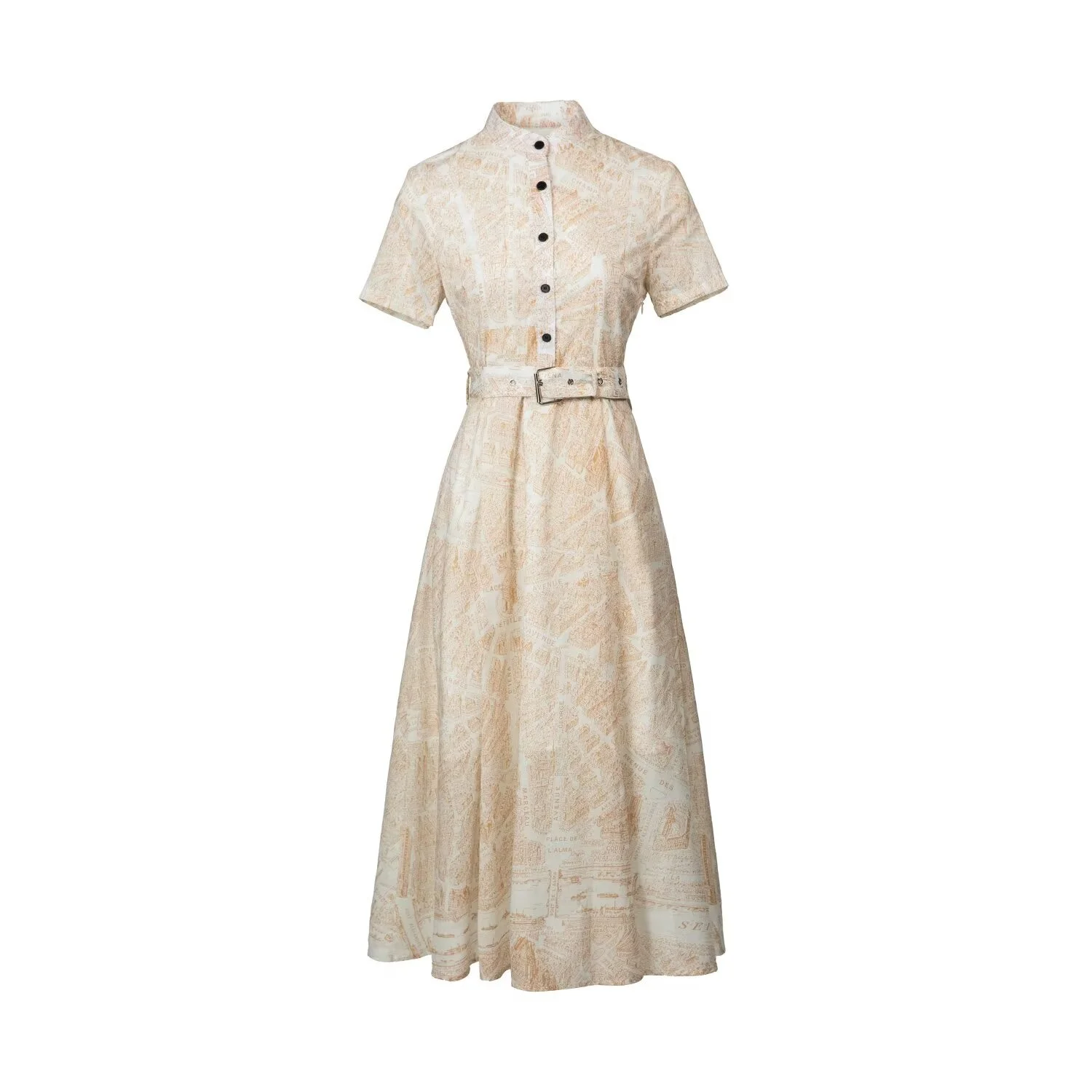 

Summer New Sle D Home Stand Collar Direct Spray Map Print Maxi Dr Retro High Waist Regular Sve Cotton A-Line Dr