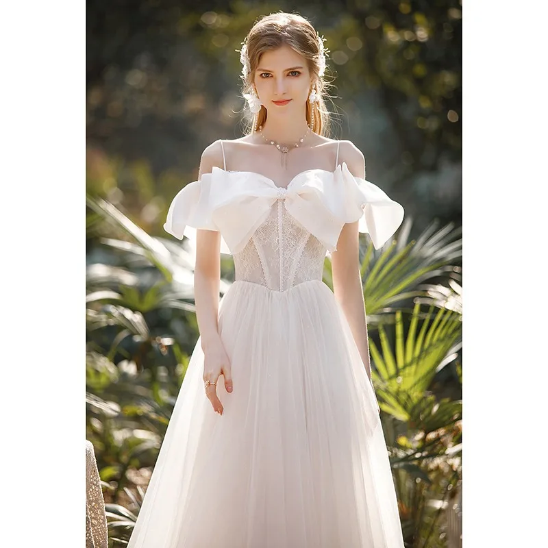 

White French Light Wedding Dress 2025 New Shoulder Strap Bow Temperament Trailing Strap Lace Sexy Back Formal Women Elegant