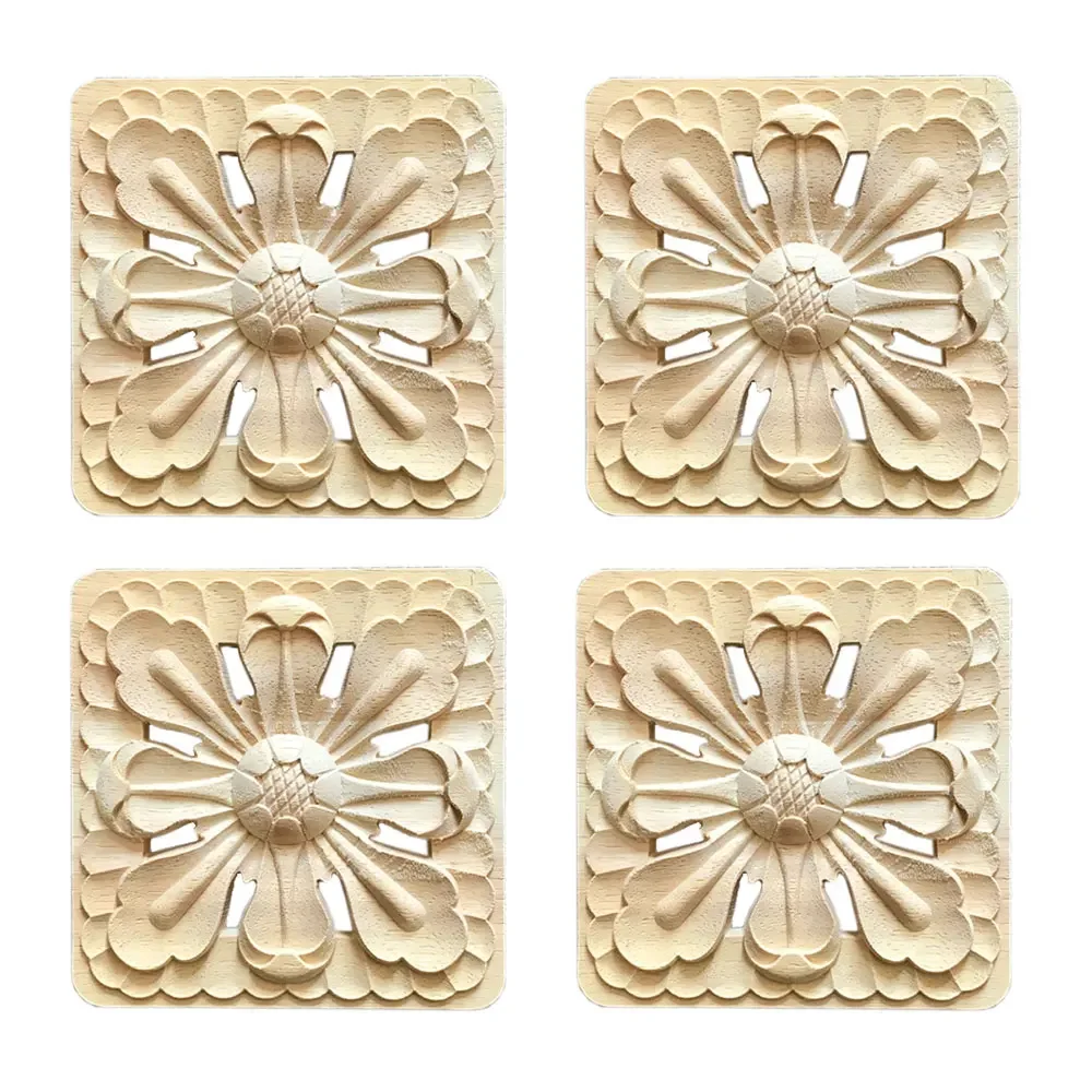 4 Pcs Unpainted  Solid Wood Carved Corner Onlay Square Oak Carved Corner Applique Onlay for Furniture Home Door Decal