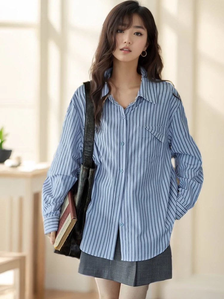 Csa informal de manga larga a rayas azules para mujer, ropa de abrigo hoada de estilo coreano, diseño con cuello , p...