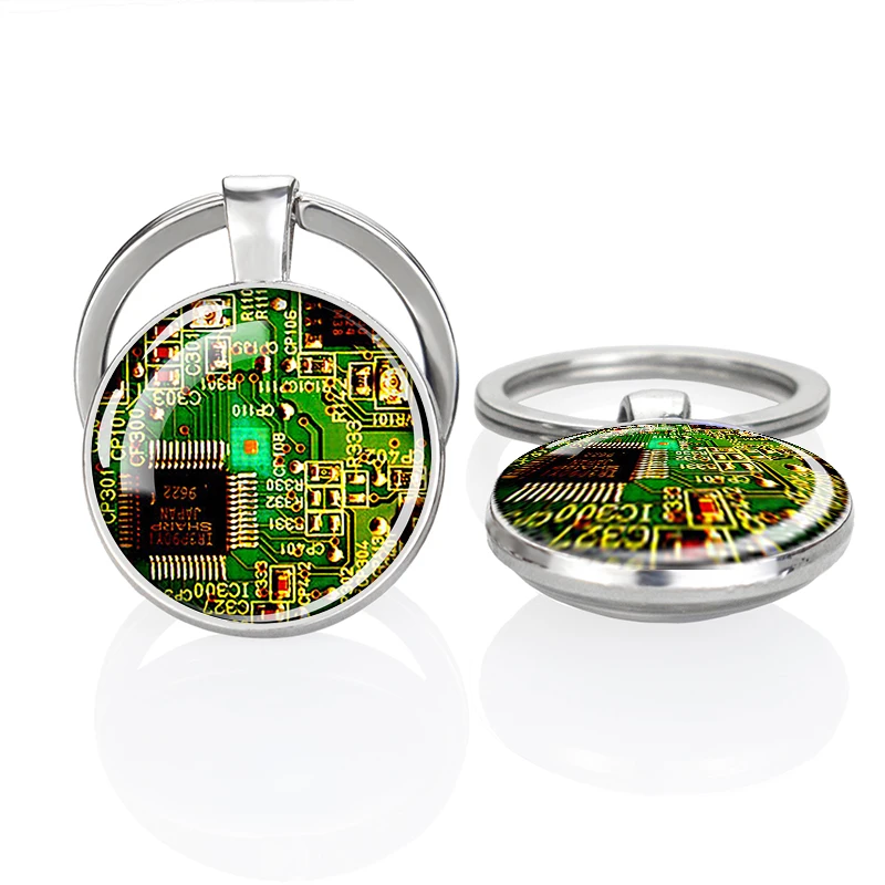 Computer Circuit Board Double Side Glass Keychain Creative Men Car Key Chain Ring Geek Gift