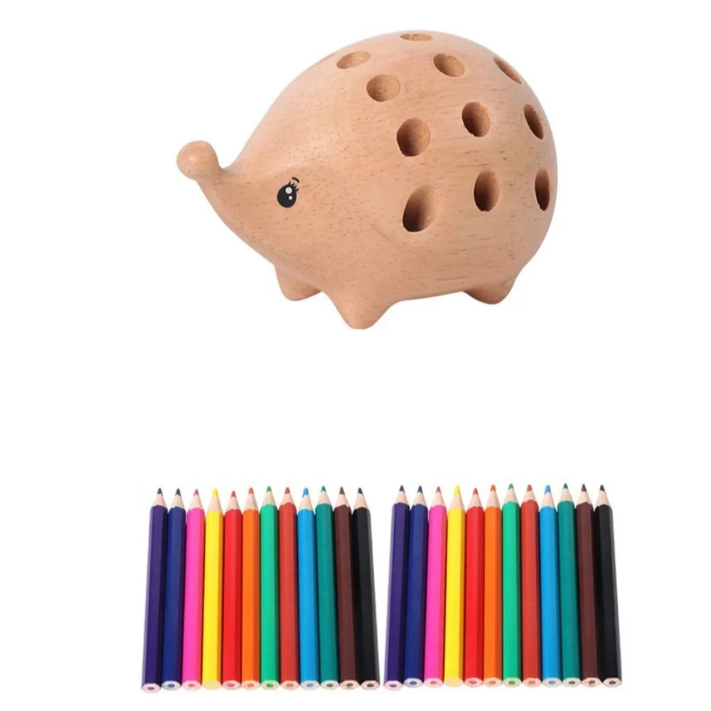 

Creative Hedgehog Pen Holder 21 Holes Smooth Surface Pencil Stand Set with 24pcs Colored Pencils Gift Pen Container