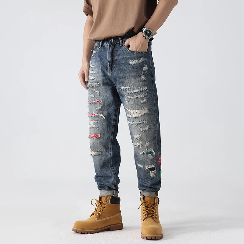 Y2K high street biker gangster handy tide summer hole patch loose jeans small straight large size men's pants