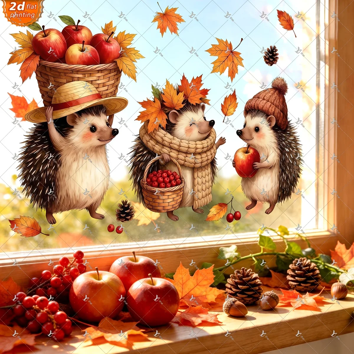 Autumn Harvest Hedgehog Window Sticker Finished Size 43x27cm