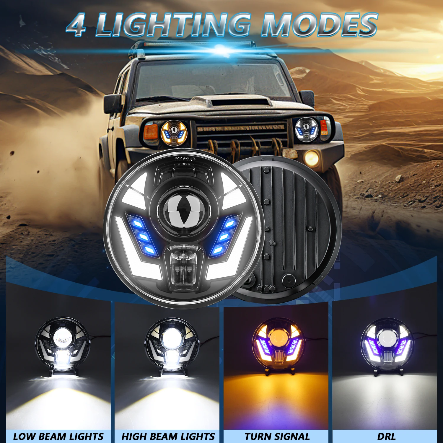 

7-дюймовые круглые светодиодные фары для Angel Eyes Wrangler Jeep, рабочие LED фары DRL H4 12V 24V 4x4 для аксессуаров Harley Davidson