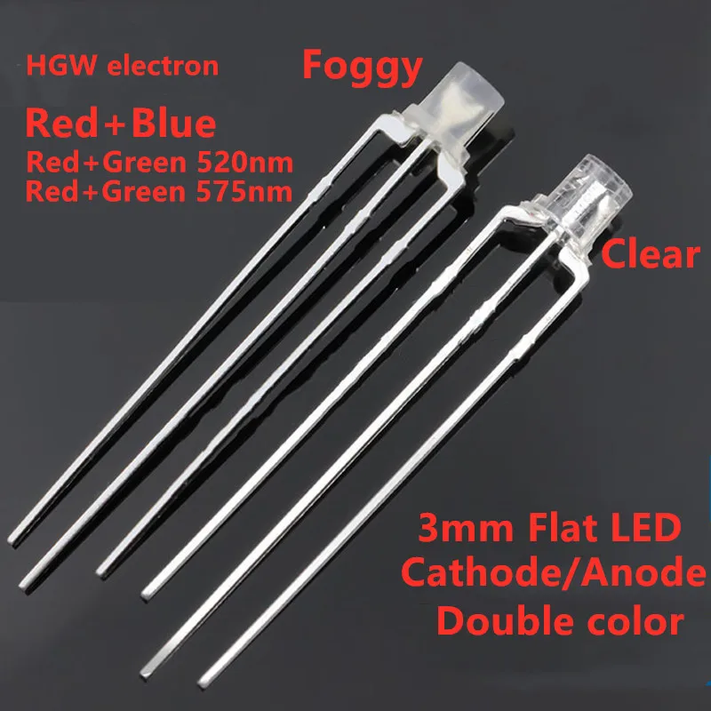 100PCS 3mm flat  led 3-PIN bicolor DIP LED  RED/Blue/Yellow/GREEN Transparent/diffused Common Anode cathode LED F3 Double color