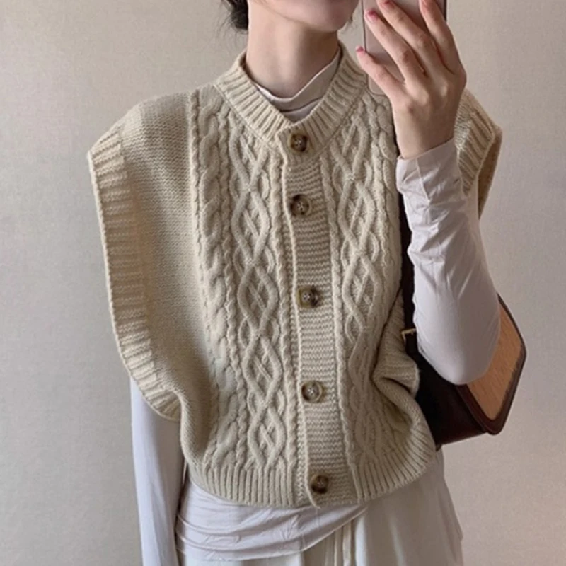 

Свитер на пуговицах, жилет для женщин, вязаный жилет с круглым вырезом, топ без рукавов, укороченный топ на бретелях, женский осенне-зимний повседневный наряд