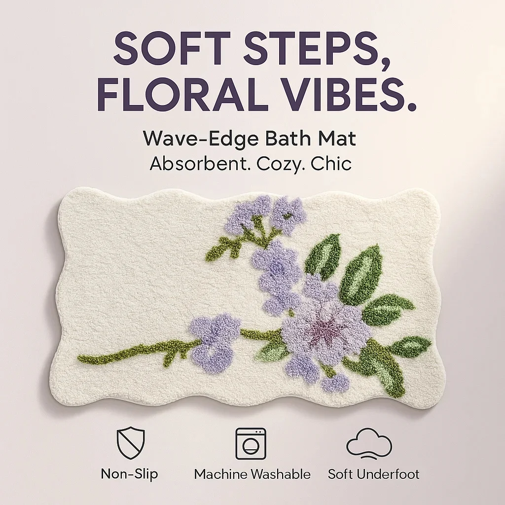 

Soft Tufted Wave Floral Rug For Bedroom Living Room Bedside Lavender Mat Cute Aesthetic Carpet Plush Bathroom Pad