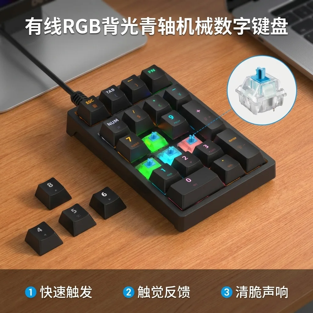 Key Wired Mechanical Numeric Keypad Rgb Backlight Blue Switch Number Pad Accounting Banking Office Data Entry Laptop Desktop Pc
