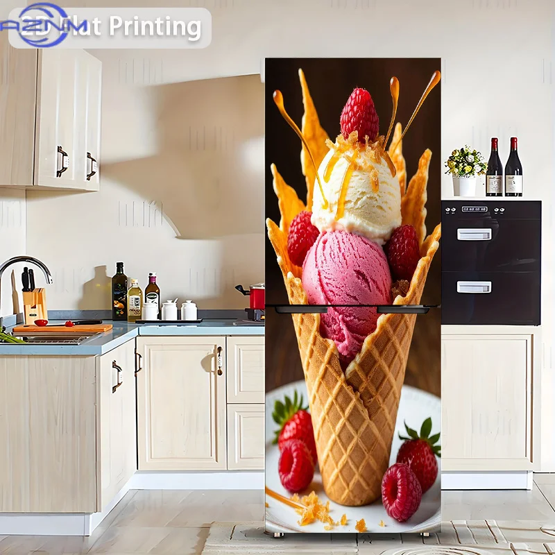 1pc 2D Flat Design Refrigerator Sticker,Waffle Cone Ice Cream with Berries Wall Decal, Self-Adhesive Wallpap