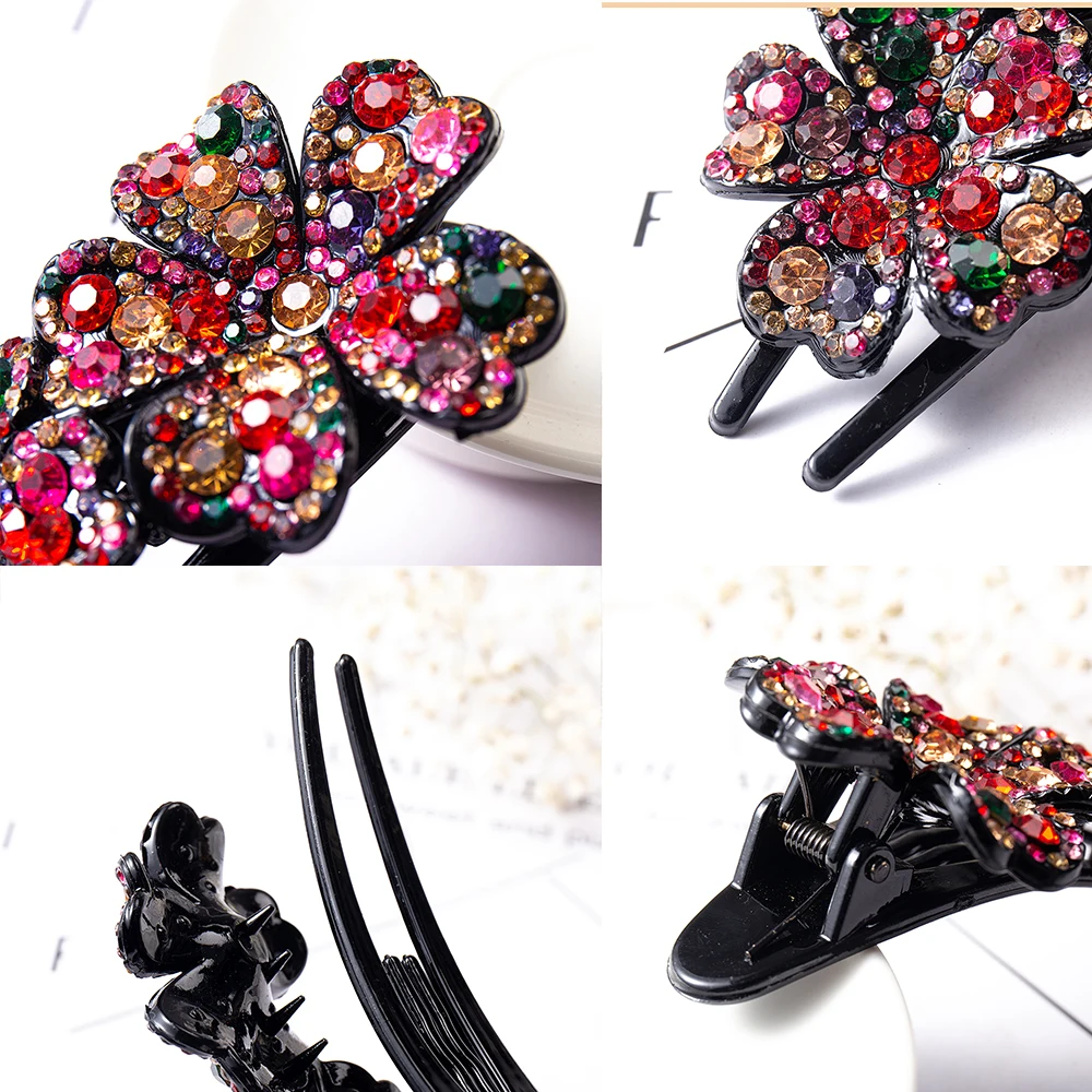 Colorful Rhinestone Hairpin Flower Duckbill Hair Claws Barrettes Vintage Hair Clips For Women Ponytail Hair Accessories Headwear