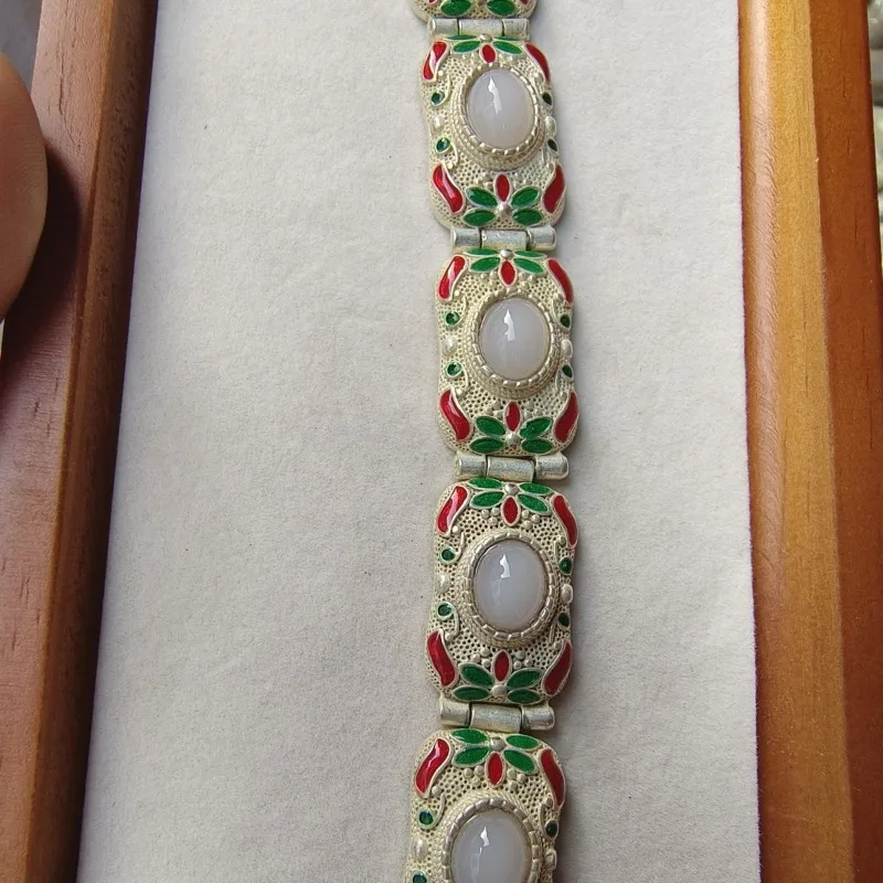 

Vintage Nepalese Tibetan Cloisonne Inlaid White Jade Bracelet, Ethnic Style Unisex Tibetan Silver Jewelry
