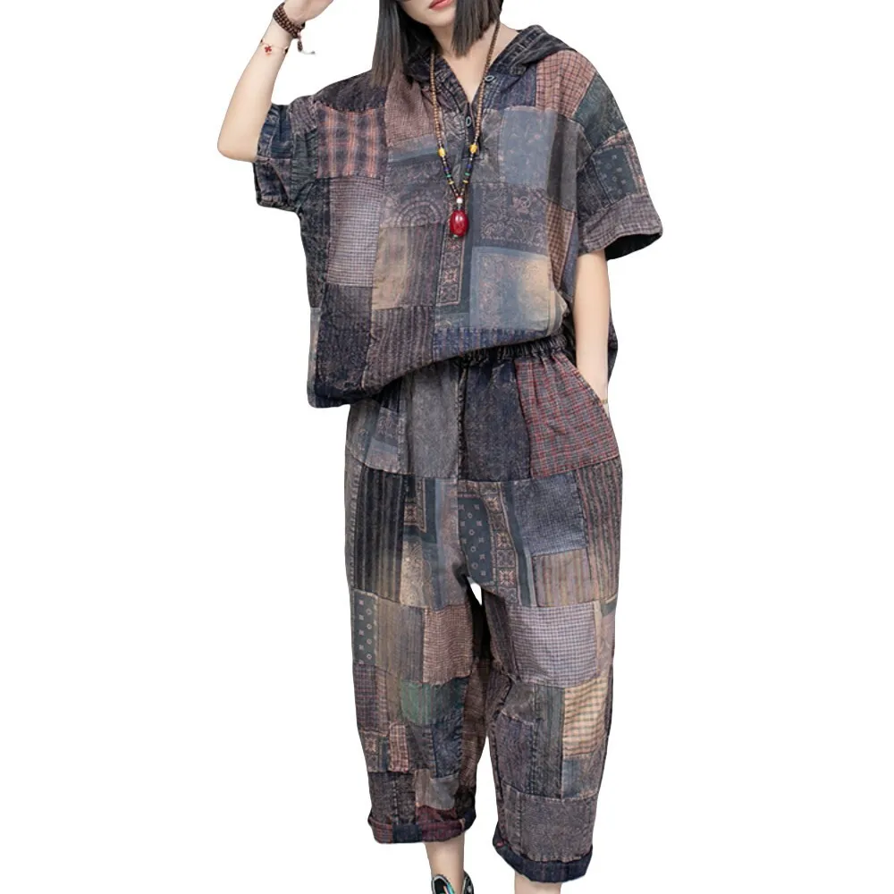 Printed Patchwork Old Fabric Hooded Short Sleeved Top + Cropped Pants Two-piece Set Women 2024 Summer Pant Set LX1003