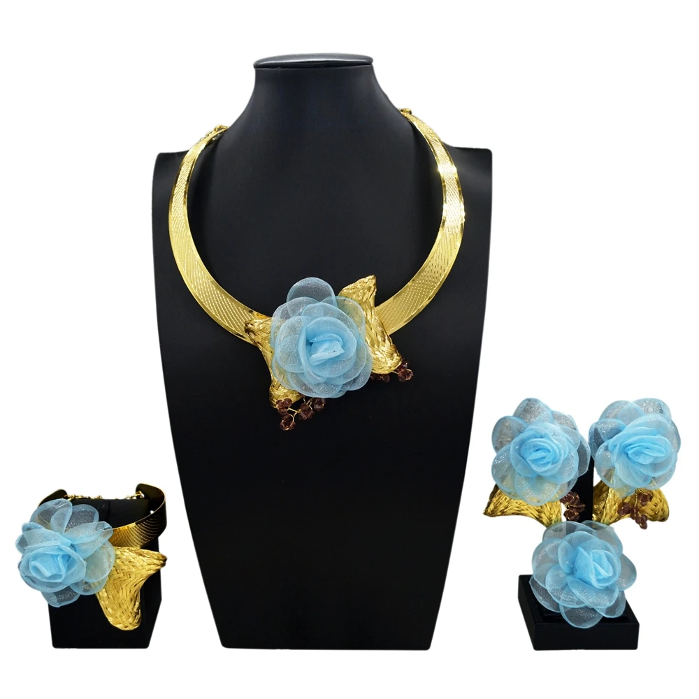 Dubai African 4Pcs Gold Plated Blue Fabric Flower Jewelry Set Mesh Leaf Statement Necklace Bracelet Ring & Earrings for Party
