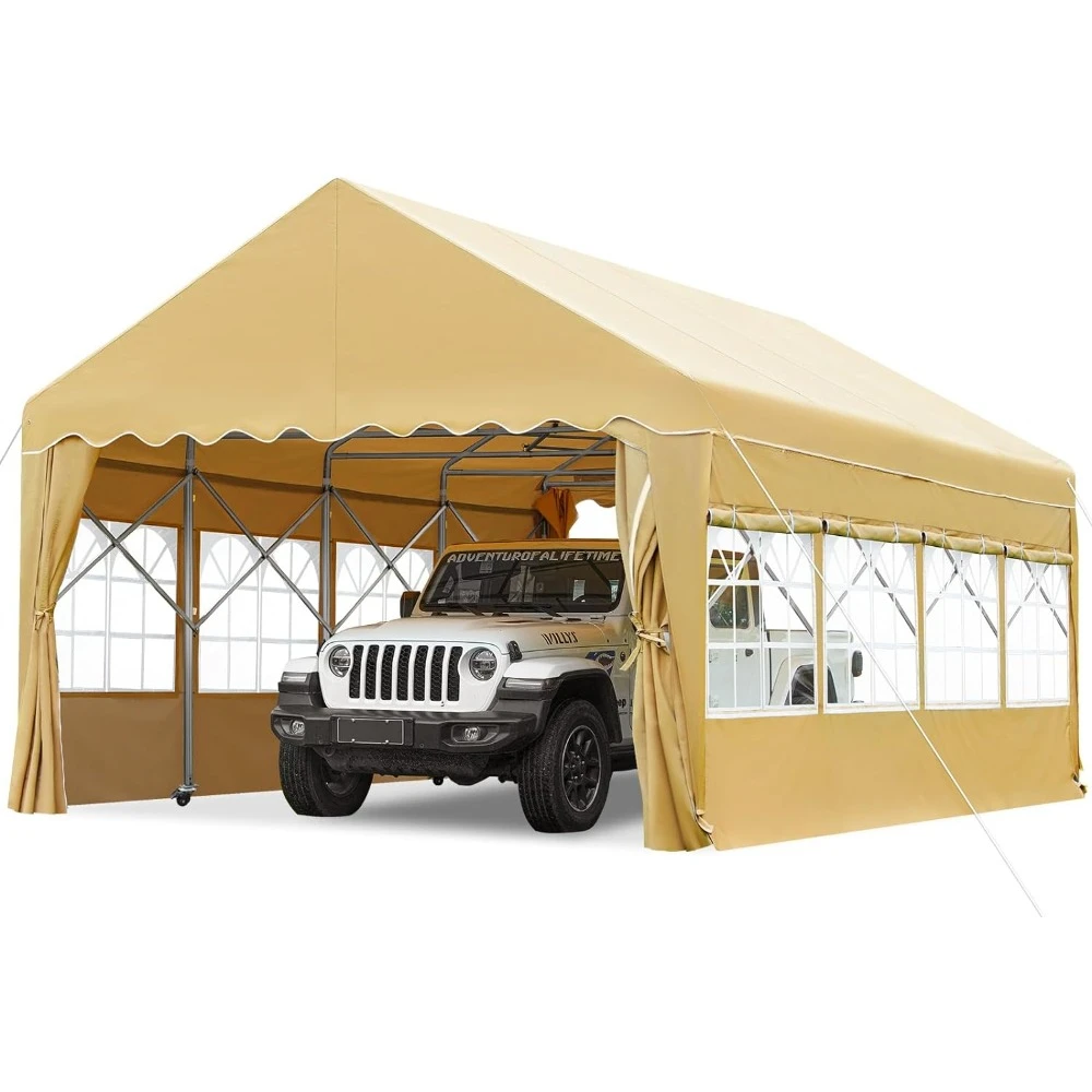 

13'X20' Heavy Duty Carport Retractable Party Tent With Wheels Movable Shelter With Transparent Windows and Curtains Awning Sheds