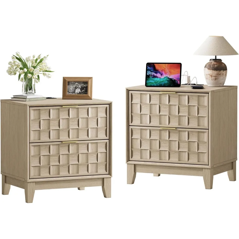 

Night Stand Set of 2, Nightstand with Charging Station, 22" Modern Bed Side Table with 2 Storage Drawers and Chessboard Relieff