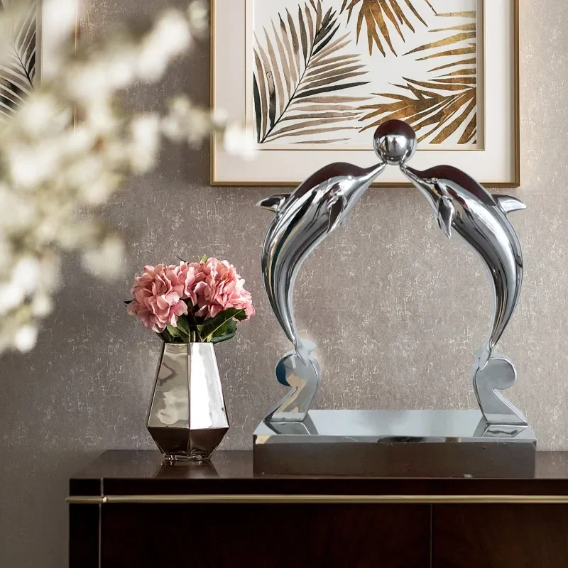 Luxury modern mirror polished, electroplated for home decoration, metal craft animal stainless steel dolphin sculpture