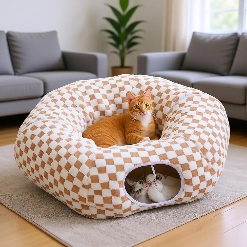 

Cat Tunnel with Cat Bed for Indoor Cats, Washable Soft Plush Mat, Round Tunnel Toys Cute Tube for Kittens, Puppies, Rabbits and