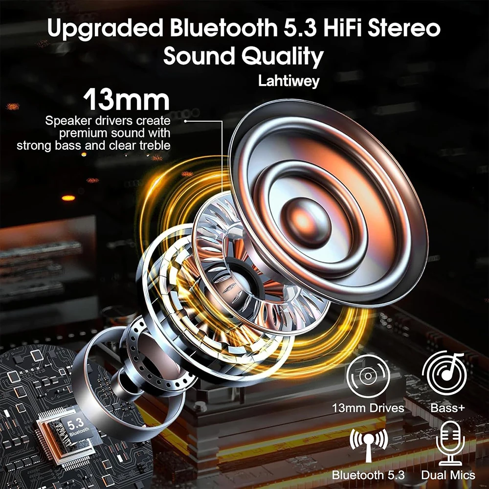 سماعة رأس بخاصية البلوتوث Lahtiwey مع ميكروفونات مزدوجة لإلغاء الضوضاء للمكالمات بدون استخدام اليدين، سماعة أذن بلوتوث 5.3 لاسلكية مع كتم الصوت