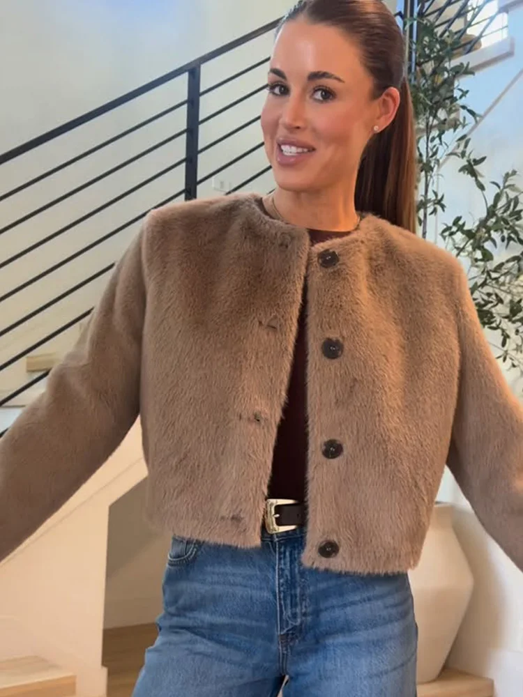 

TRAZFA Women's Autumn New Fashion khaki Plush Faux Fur Effect Cropped Heavy Jacket Female Crew Neck Single Breasted Casual Coat