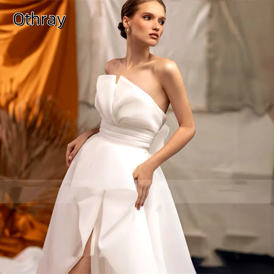 Othray Off-Shoulder แขนกุดแยก Sash Sweep ชุดแต่งงาน A-Line Zipper ชุดเจ้าสาว Robe de mariée